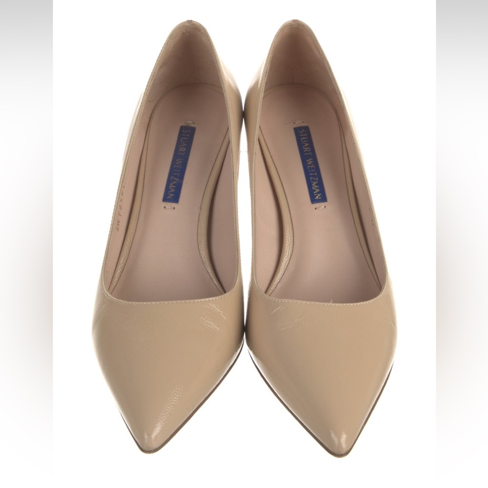 Stuart Weitzman leather neutral beige block heel pointed toe pumps - Picture 4 of 9